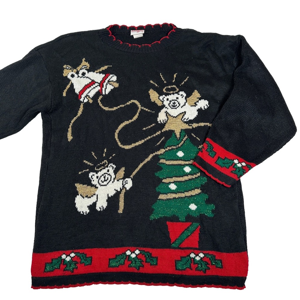 Christmas sweater vintage 80s 90s Festive Black Angel Tree bear‎ Grandmacore